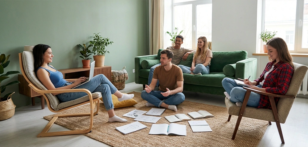 リビングでくつろぎながら話す若者たち