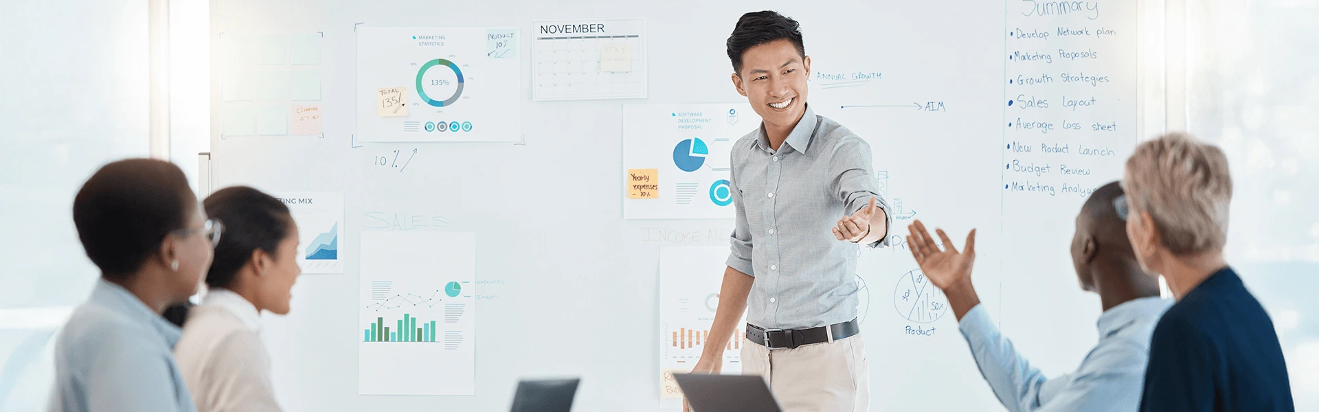 ホワイトボードを使って英語でプレゼンする講師と受講生の写真