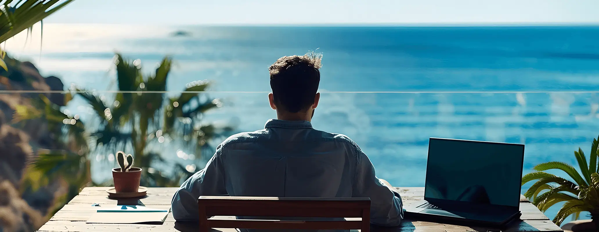 海辺のテラスでワーケーションを楽しむビジネスマン