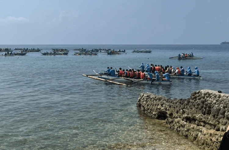 木陰から見た青い海と空、砂浜の波打ち際に複数のボートが停泊している自然の景色