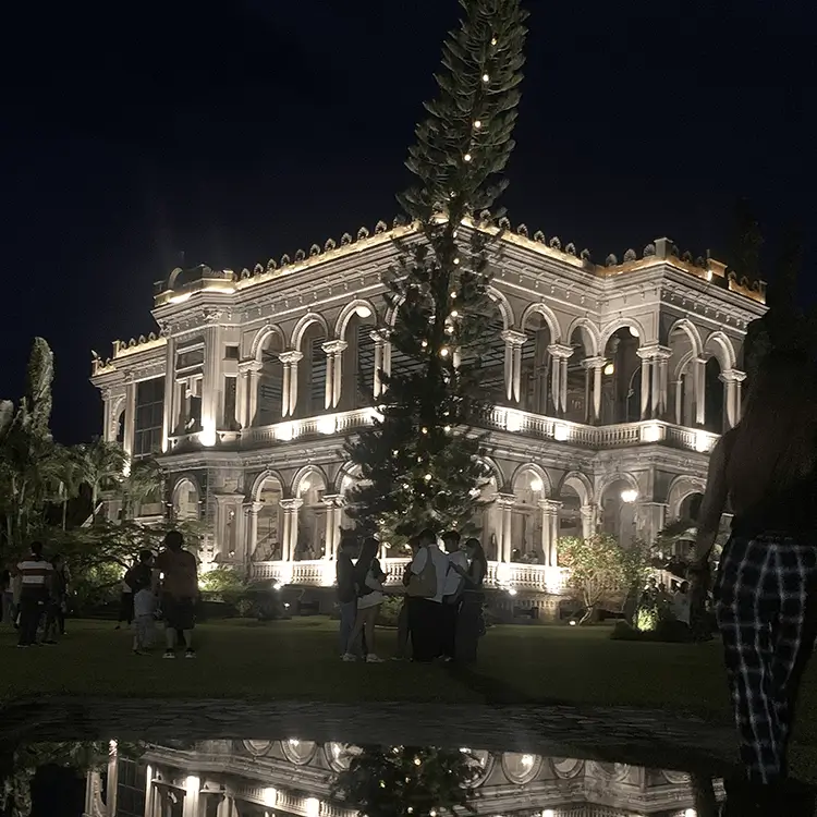 クリスマスツリーで飾られたライトアップの白い歴史的建築物