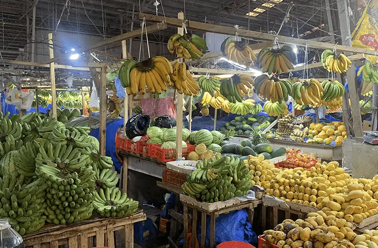 バナナや南国フルーツが並ぶカラフルな市場の屋台