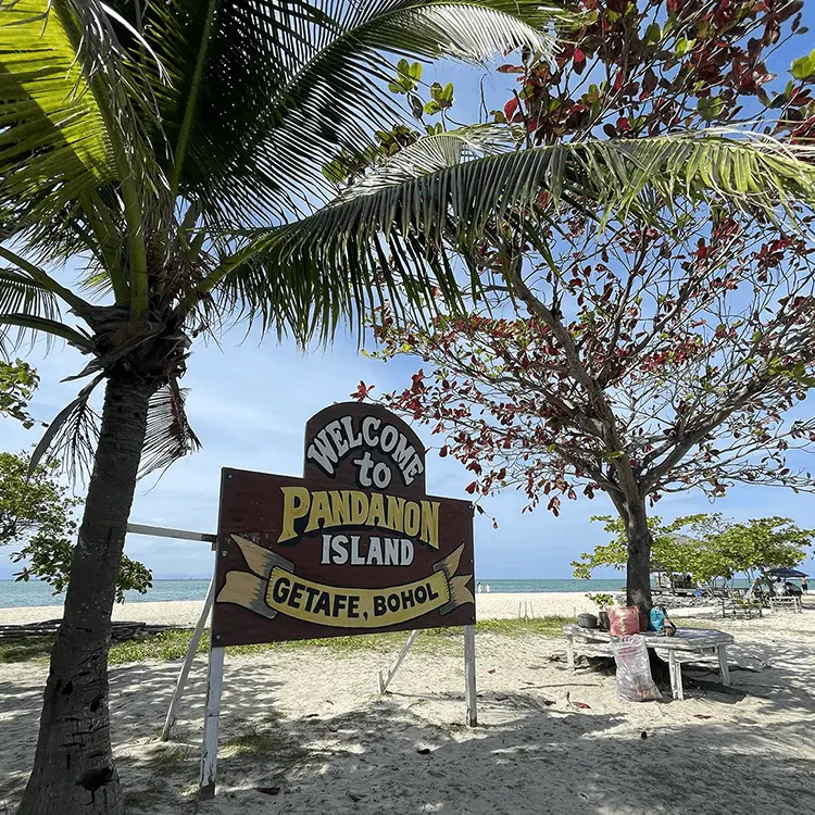 PANDANON ISLANDの看板とヤシの木越しに見えるビーチ