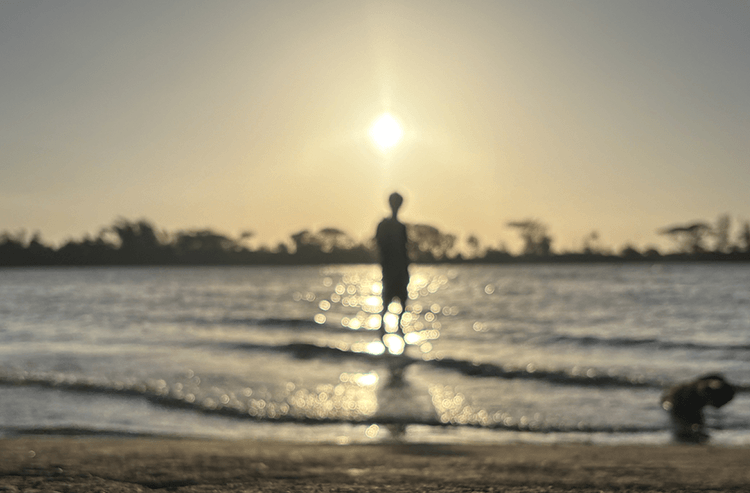夕日に照らされた水辺に立つ人物のシルエット