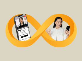 透過手機進行英語會話課程的女性的圖片