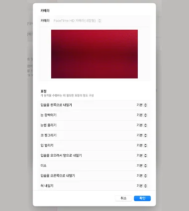 시스템 설정의 카메라 설정 상세 화면