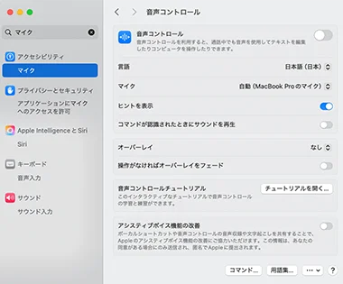 システム設定の音声コントロール画面
