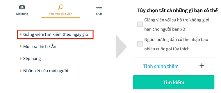 1. Tìm kiếm giảng viên có thể đặt trước