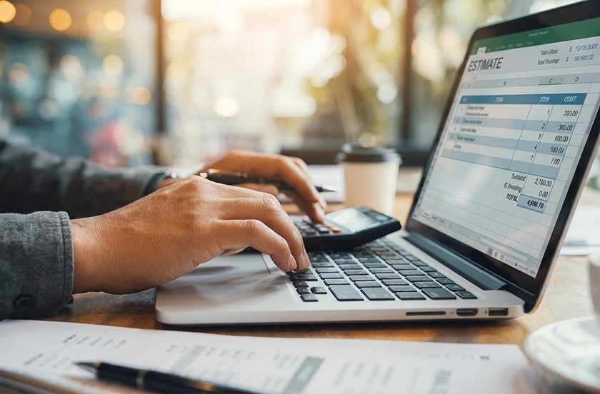 ノートパソコンと書類を使って費用確認をしている様子