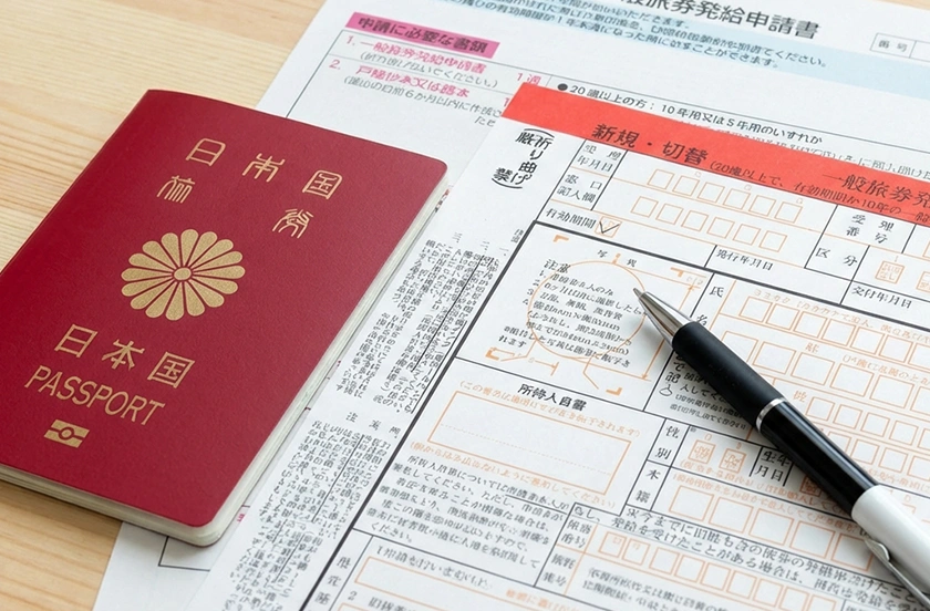 日本のパスポートとビザ申請書類、ペンが置かれた書類一式