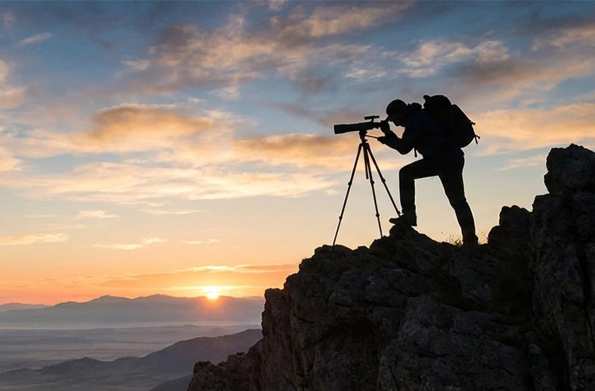 夕焼けの中でカメラを構える人物のシルエット