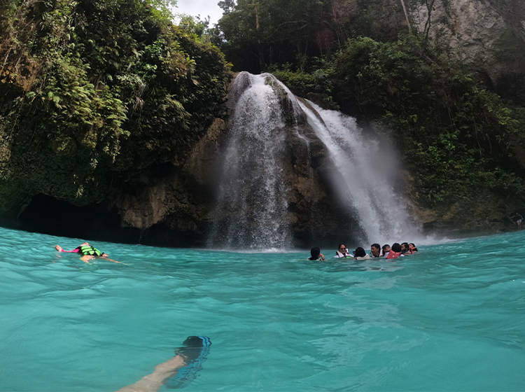 緑豊かな自然に囲まれた滝で泳ぐ人々のグループ、透明度の高いターコイズブルーの水